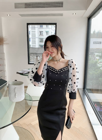 DOLLY Luxury Black Retro Style V-Neck Polka Dot Long Sleeve Slim Fit Dress-DEL