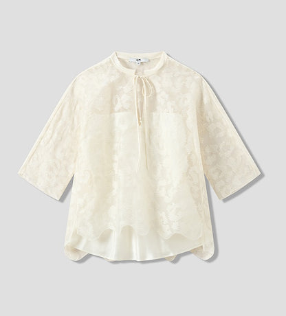 COMME MOI silk embroidered lace-up half-sleeved top - ESTHER.