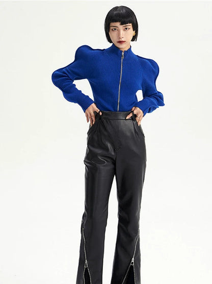 TINY IN zippered flared floor-length leather high waist pants -KON