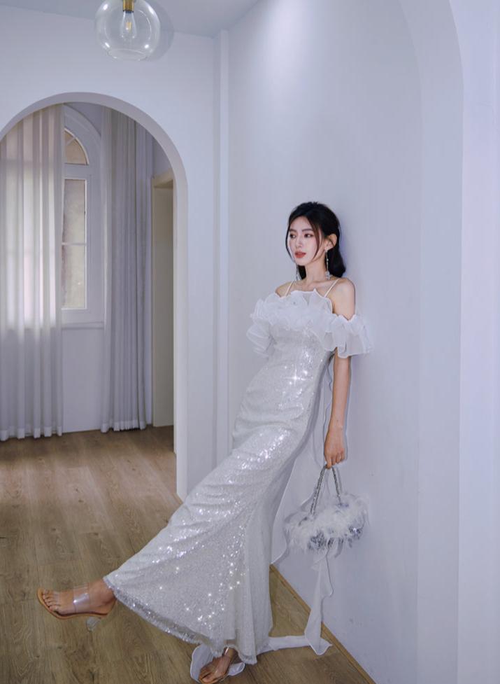 DOLLY Elegant White Off Shoulder Sequin Ruffled Tube Top Banquet Dress-ALICIA