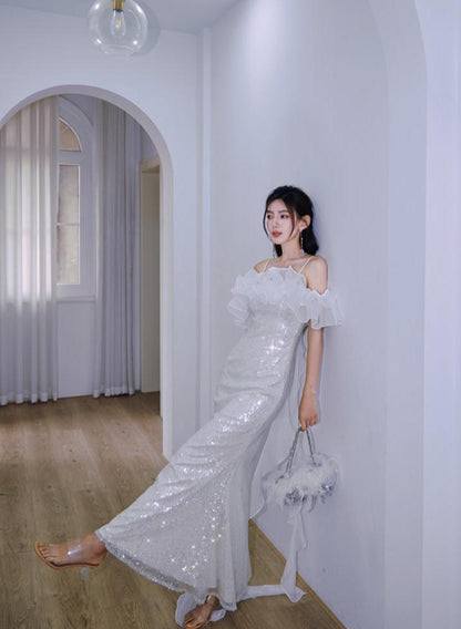 DOLLY Elegant White Off Shoulder Sequin Ruffled Tube Top Banquet Dress-ALICIA