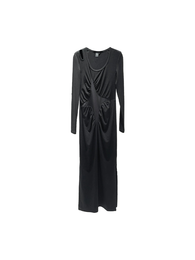 ANNAKIKI Black Four-pointed Star Pleated Long Sleeve Dress-HARUTO