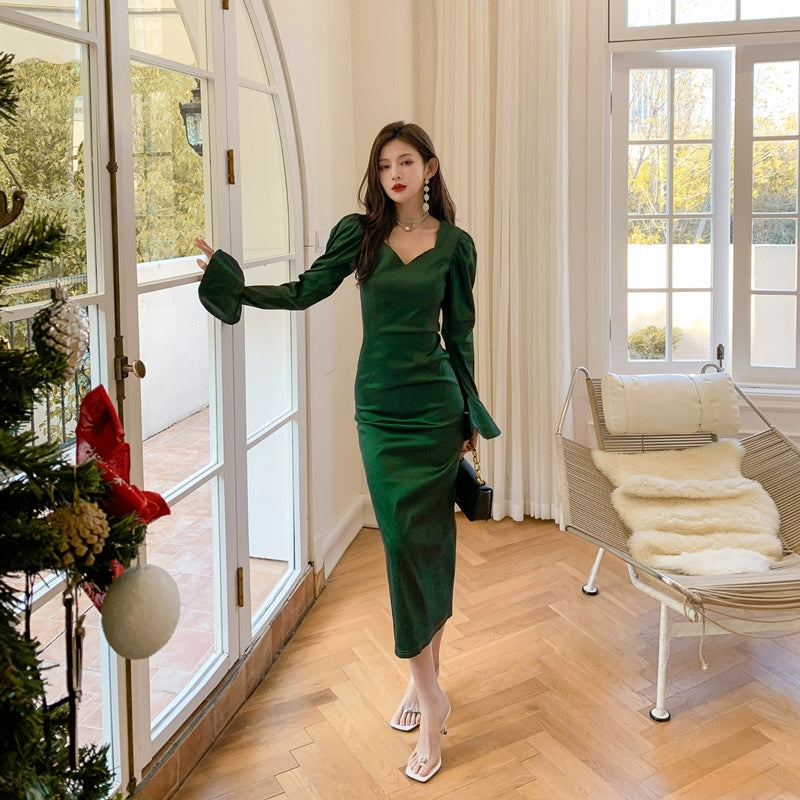 DOLLY High End Green Square Collar Long Sleeve Slim Fit Long Dress-MALU