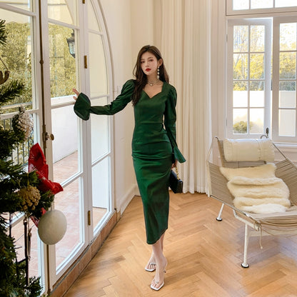 DOLLY High End Green Square Collar Long Sleeve Slim Fit Long Dress-MALU