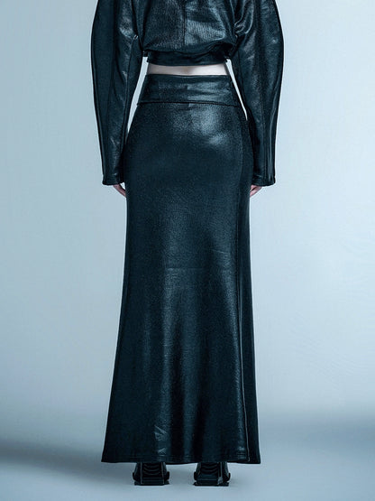 ANNAKIKI designer black folded low-waisted long skirt for women-GRAHAM