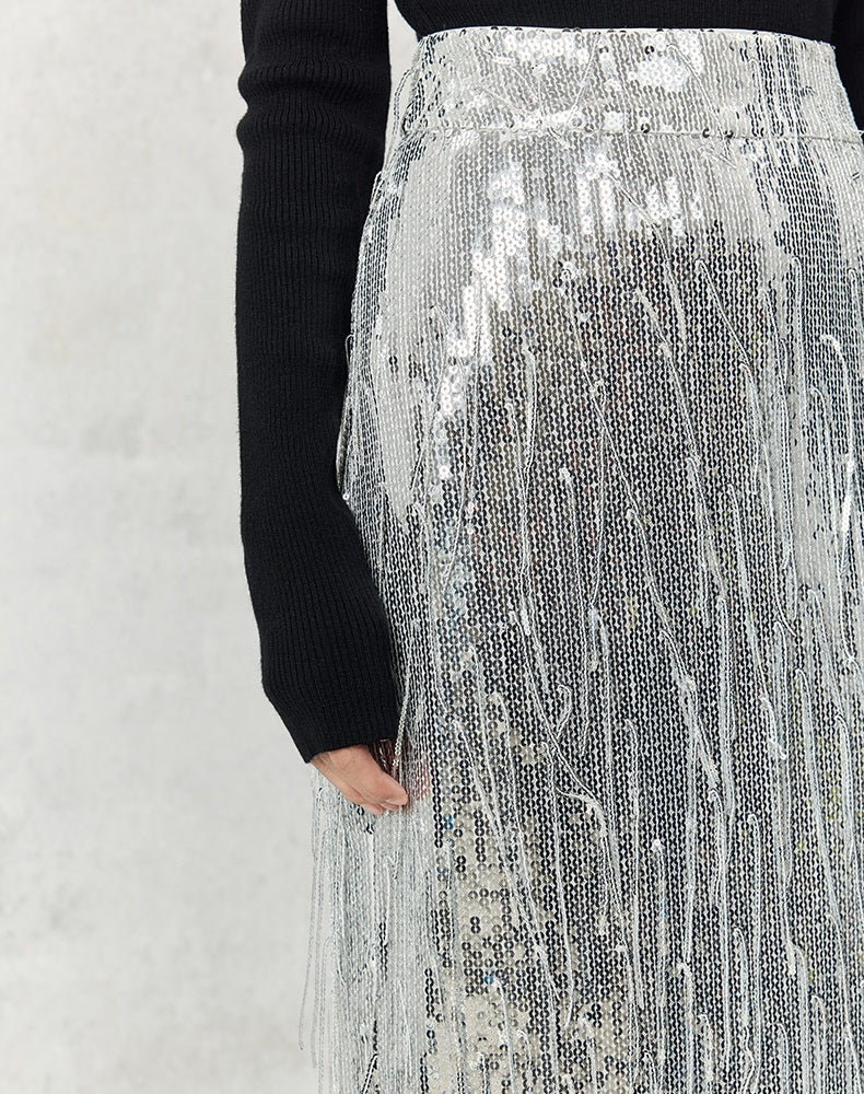 HECO 100% polyester Silver Black Sequins High Waist Slim Skirt Woman - sun.