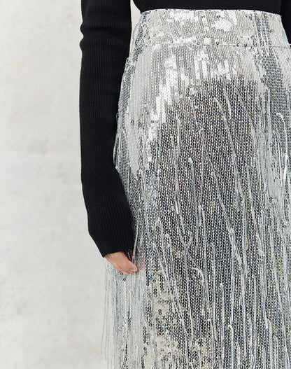 HECO 100% polyester Silver Black Sequins High Waist Slim Skirt Woman - sun.