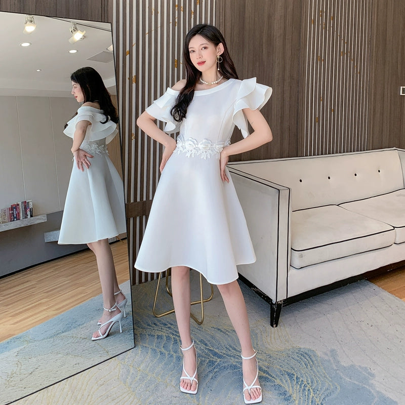 DOLLY Elegant White Slant Collar Short Ruffle Sleeves Midi A-Line Dinner Dress-CRYSTA