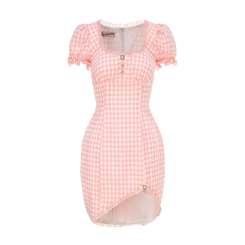 Le Palais Vintage Sweet Pink Padded Puff Sleeve Slim Fit Dress-HORIMIYA.