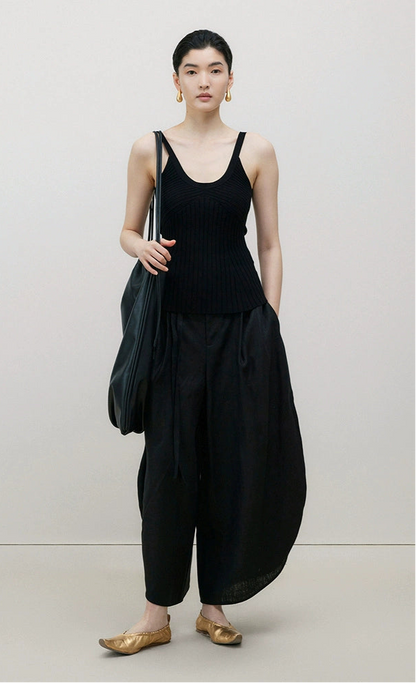 ZHUCHONGYUN black ribbed scoop neckline knit vest top-BIEBI.