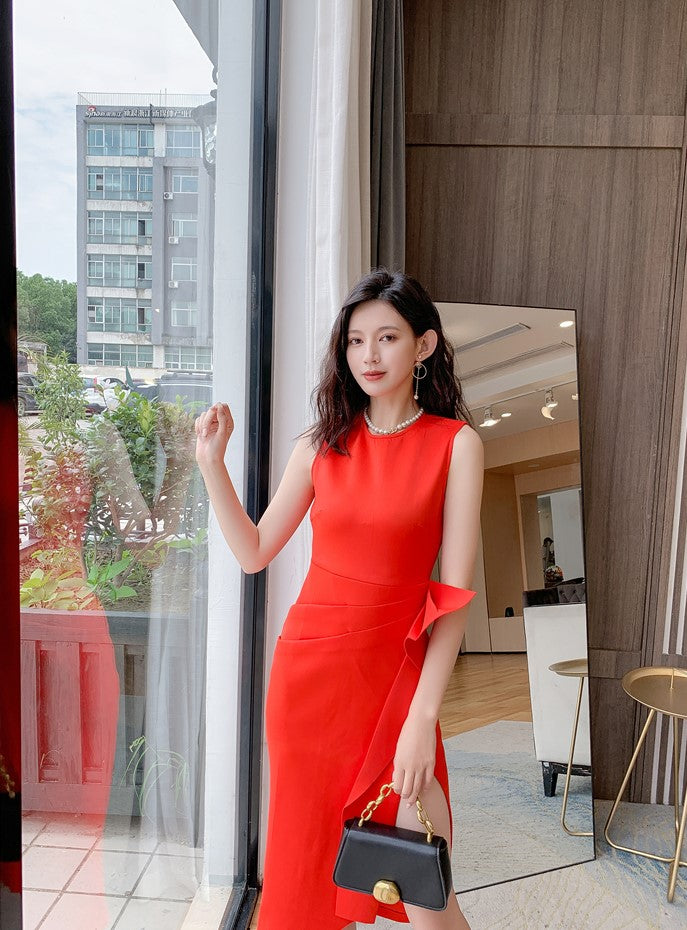 DOLLY Luxury Retro Style Crew Neck Sleeveless Pleated Slim Fit Midi Party Dress-CATIE