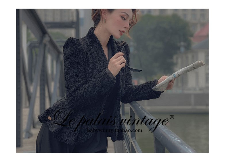 Le Palais Vintage Elegant Black Puff Sleeve Eco-Fur Wool Roll Jacket coat-Megan ( V )