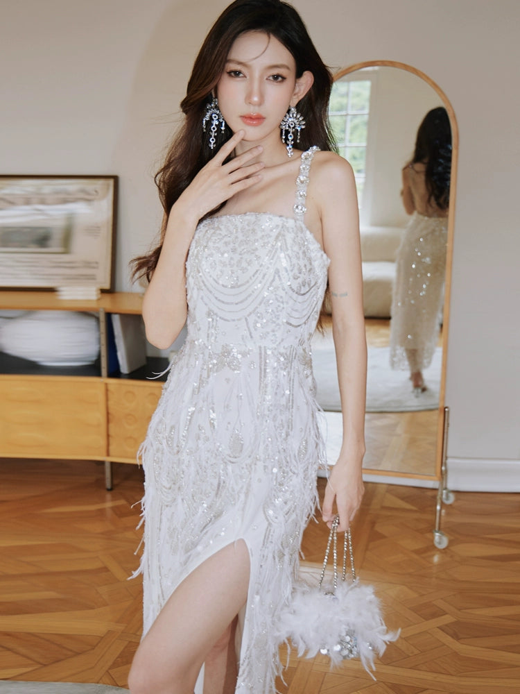 DOLLY Luxury White French Style Sleeveless Sequin Embroidered Long Slit Party Dress-Dalia