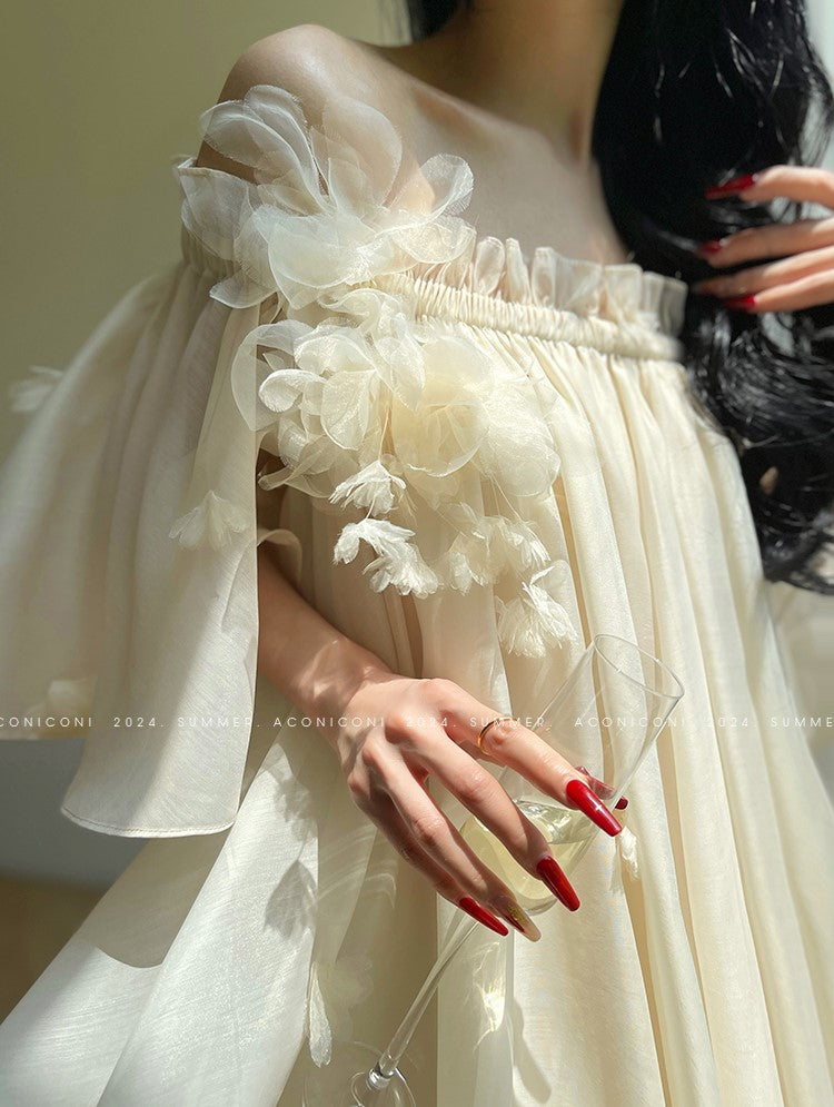 Aconiconi Luxury Off-Shoulder Flower Short Sleeve bridal baby doll Dress - Magnolia Lotus Fragrance