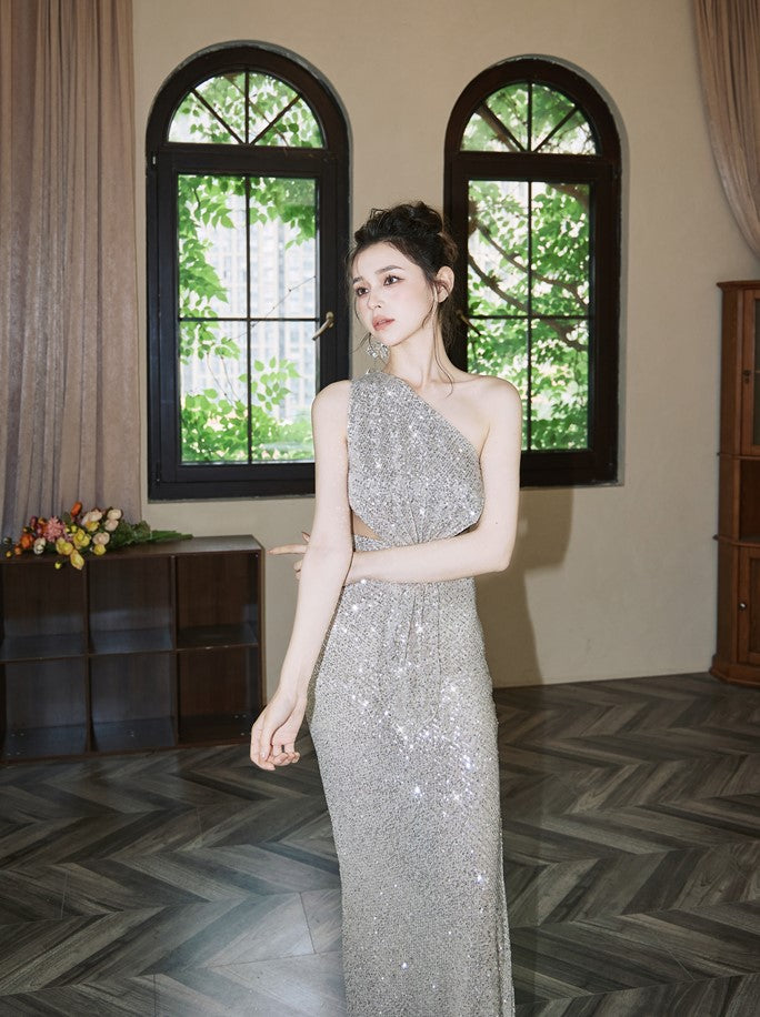 DOLLY Elegant Sliver One Shoulder Sleeveless Sparkling Slim Fit Sexy Dinner Dress-ALETA