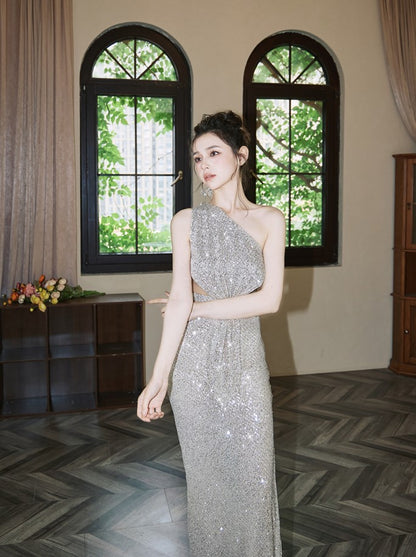 DOLLY Elegant Sliver One Shoulder Sleeveless Sparkling Slim Fit Sexy Dinner Dress-ALETA