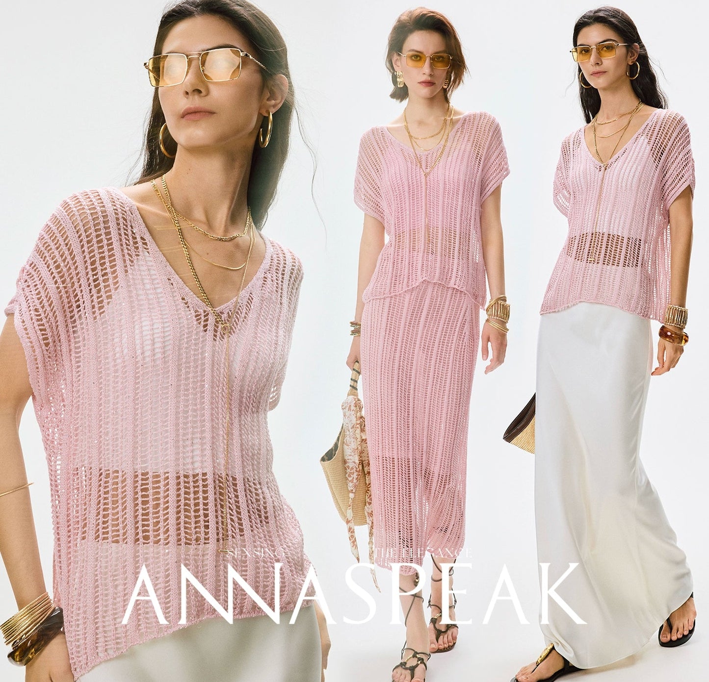 ANNASPEAK Lightweight and breathable cut-out fine glitter top skirt set summer-TOSE.