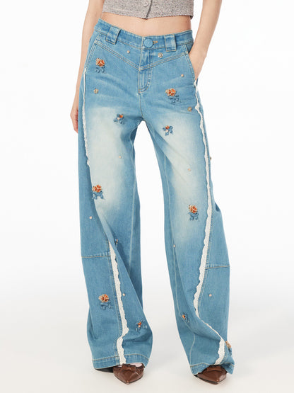 FAME Flower Beaded Patchwork Lace Denim Casual Pants - ANGEL
