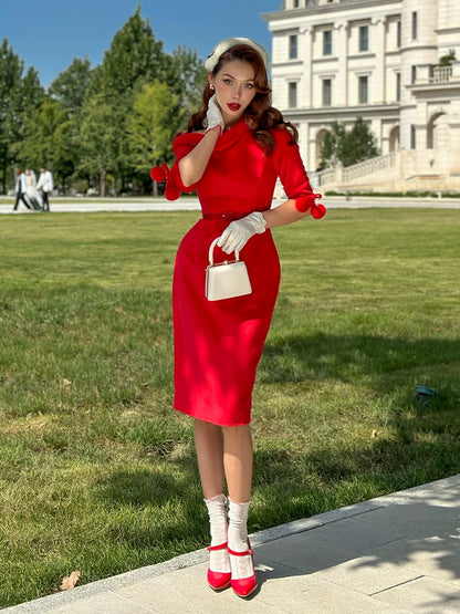 Le Palais Vintage Red Trim Tweed Off-the-Shoulder Dress-DANA