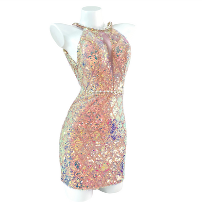 DOLLY High End Rainbow Sleeveless Bright Sequin Halter Neck Party Dress-NELLY