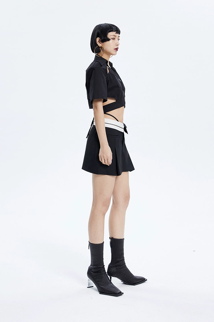 Tiny IN low-waisted contrasting turn-up short pressed pleats skirt-LULU
