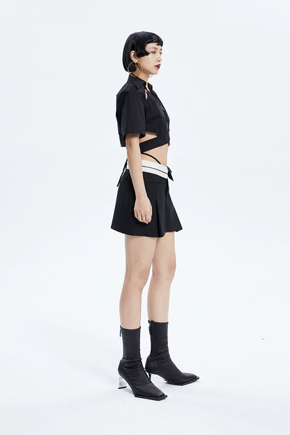 Tiny IN low-waisted contrasting turn-up short pressed pleats skirt-LULU