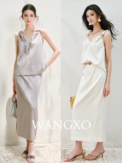 WANGXO | Lazy Precious Metal Shoulder Loop Loose Top & Straight Skirt Set with Sculpted Grace- VERA