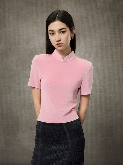 HECO Disc Button Acetate Knit Drop Neck T-Shirt - ROMAN.