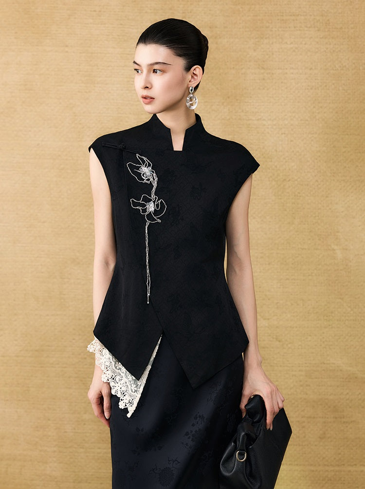 HECO Chinese style asymmetrical hand-embroidered vest top - FORD.
