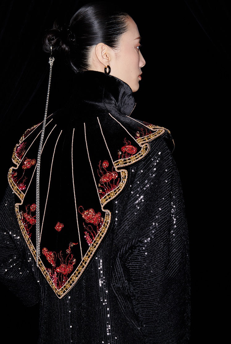 M essential Mackay designer  silk velvet two-dimensional fish algae curtain beaded collar - BEAUTY.