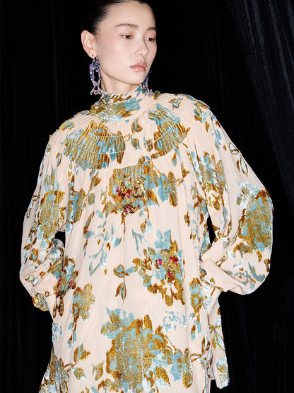 M essential Mackay designer Qili burnt floral velvet dense pleated lace-up loose top - PETER.