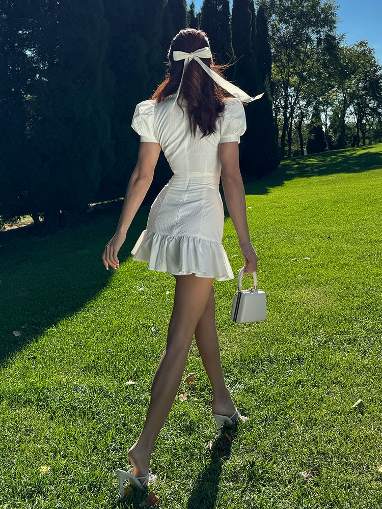 Le Palais Vintage French Girly Pure White Puff Sleeve Short Top and Ruffled Skirt-ASDA.