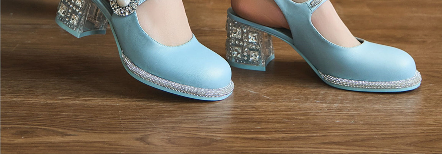SHOESZOOO Maryjane Rhinestone Round Toe Block Heels - WISDOM.