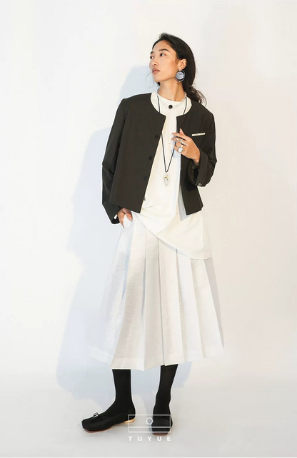 TUYUE blue gray round neck straight shoulders short casual blazer- STEPHEN