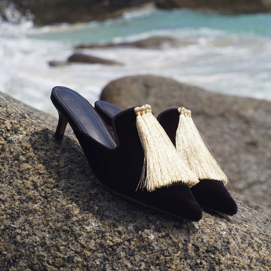 B-FEI Chinese black and gold kitten heels women's mules-TIKAI.
