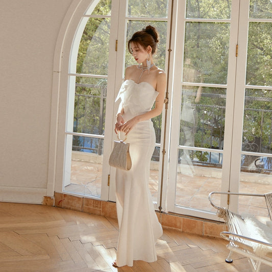 DOLLY Elegant White French Style Big Bow Long Fish Tail Cocktail Dress-FREYA