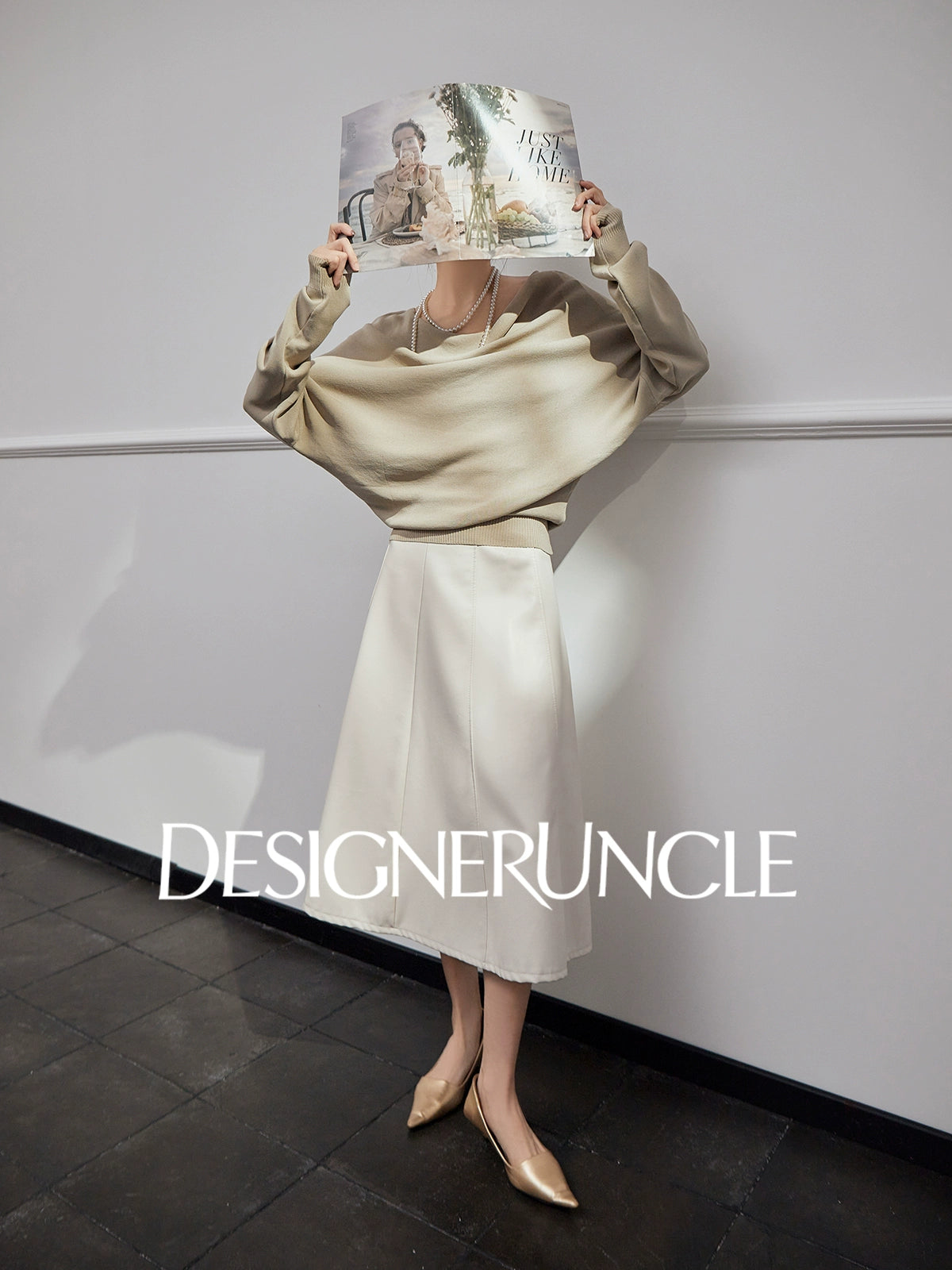 DGU "Shallow Realm" gray-green knitted sweater V-neck loose slimming temperament top - EKKO.