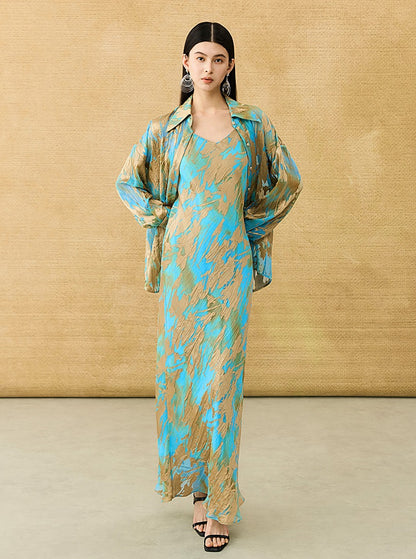 HECO Chinese style devored flower suspender dress - SKY.