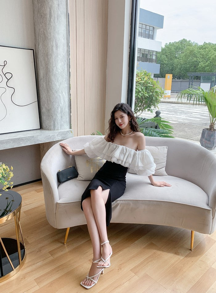 DOLLY Elegant Black and White Satin Off Shoulder Ruffled Tube Top Slim Fit Dress-MAG