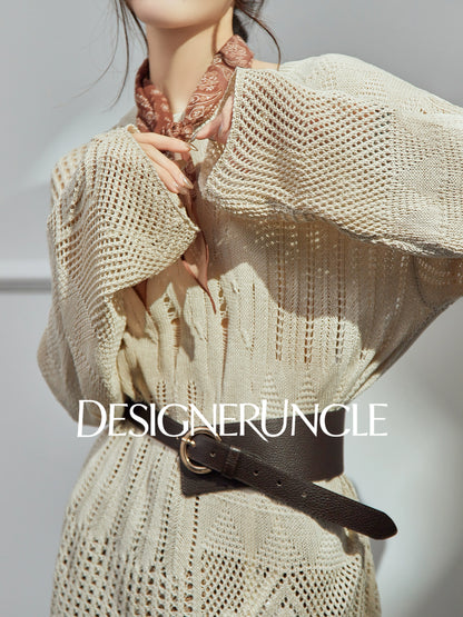 DGU| Khaki Knitted Sweater Hollow Design Niche Loose Top - Felicia.