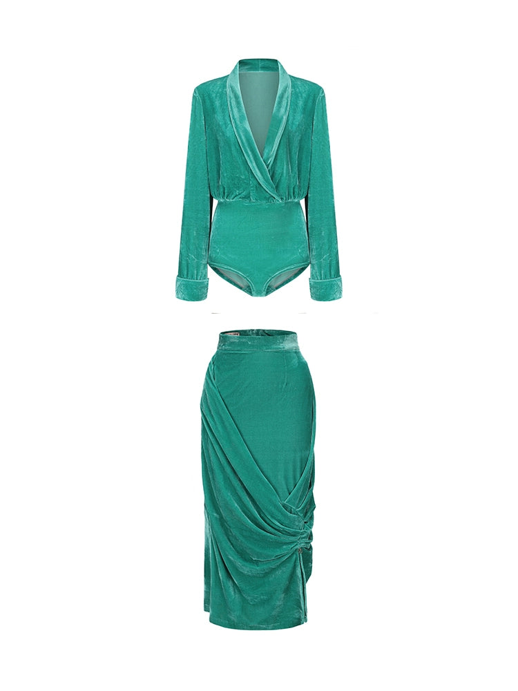 Le Palais Vintage Original New Chinese Green Velvet Wrap Top + Irregular Draped Skirt-TEE.