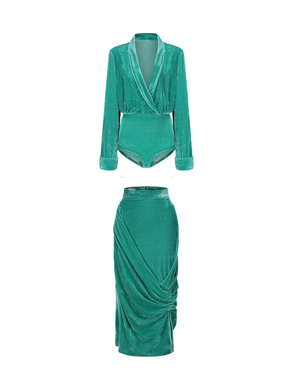 Le Palais Vintage Original New Chinese Green Velvet Wrap Top + Irregular Draped Skirt-TEE.