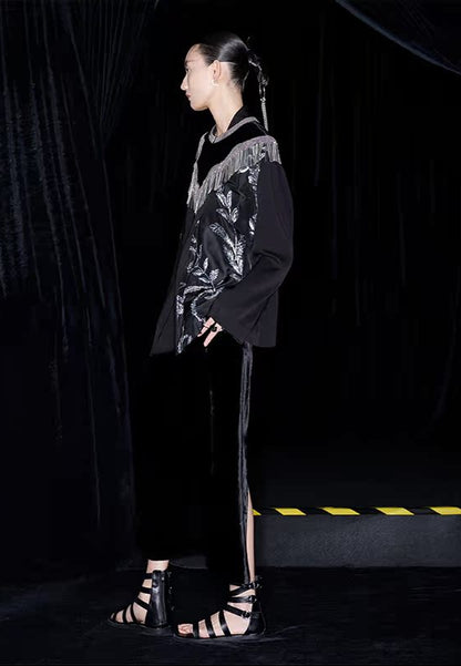 M essential Mackay designer silk-velvet crewneck tassel cape blazer dress set-  Benny.