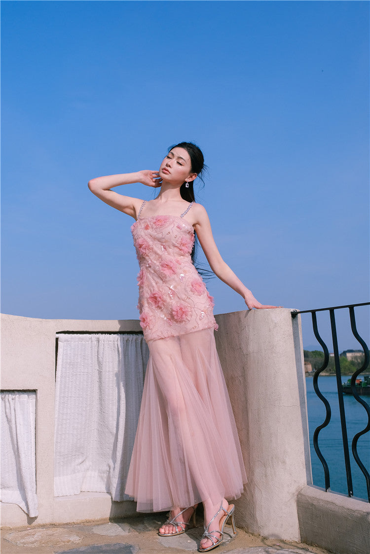 Wardrobes by Chen High End Pink Sleeveless Flower applique Sequin Dress-Bena