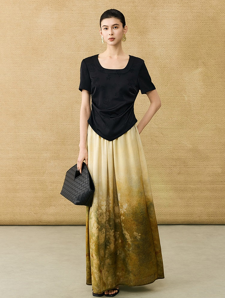 HECO Chinese Gradient Blended Lightweight Summer Print High-Waisted Skirt - AVEL.