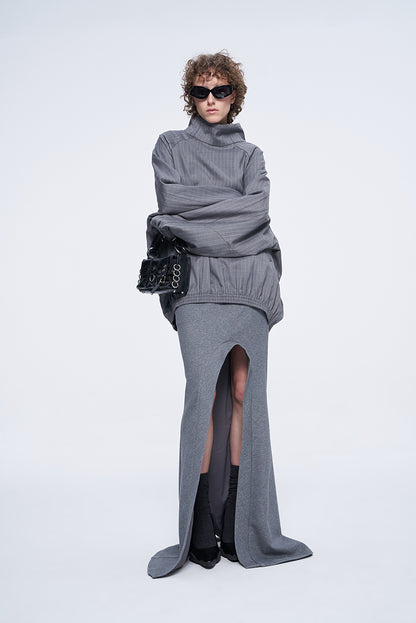 ANNAKIKI Gray Wool Casual Loose Pullover Stand Collar Top-EIKO