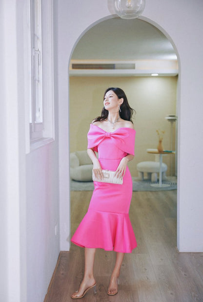 DOLLY Elegant Pink Big Bow Tube Top Off Shoulder Ruffled Fish Tail Dress-ZAYNAB
