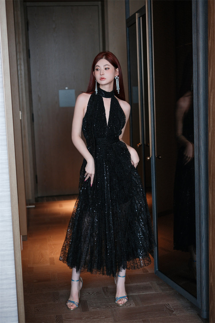 Wardrobes by Chen High End Black Halter Neck Sleeveless lbd Cocktail Dress-Blackie