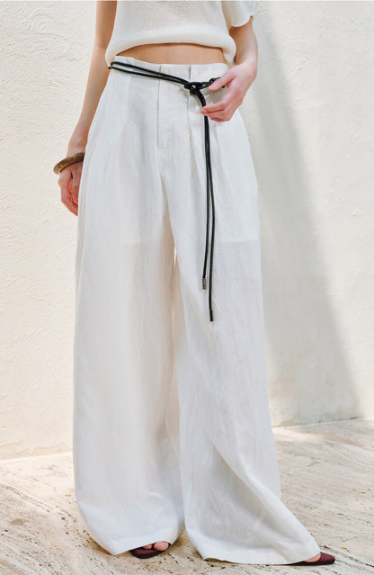 WANGXO |Linen Delicate Knit Slant Shoulder Top & Tailored Straight Pants with Airy Elegance Suit Set -RAYA