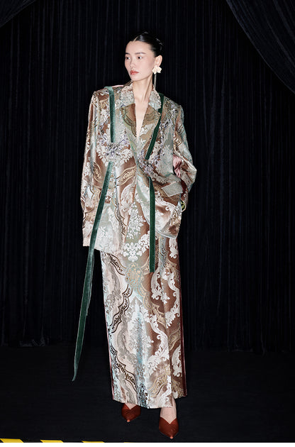 M essential Mackay designer vine pattern embroidery marble print jacket skirt suit- Eden.